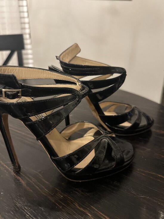 Jimmy Choo Black Patent Leather Strappy Heels, Size 37.5 (7.5) - Picture 1 of 3